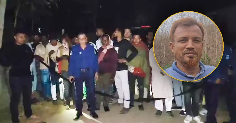 হত্যার ঘটনাস্থলে পুলিশ ও এলাকাবাসী, ইনসেটে নিহত বিএনপি নেতা